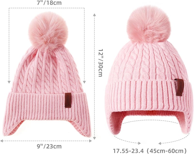 FENELY Girls Boys Winter Hat 3-12, Children's Warm Knitted Earflaps Beanie with Pom Pom Thicken Fleece Lining Cap for Kids - Image 5